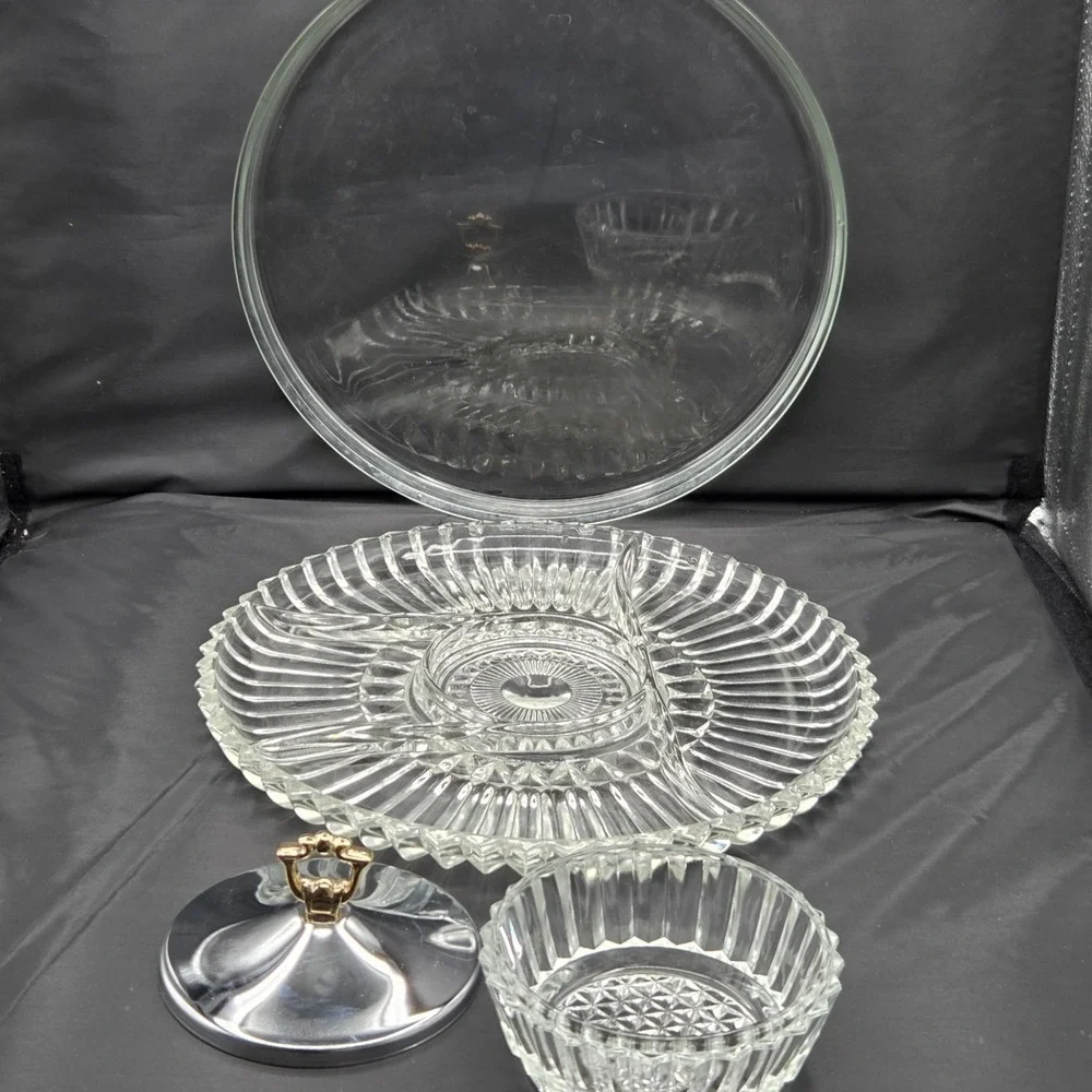 Kromex Lazy Susan Rotating Party Platter Glass Dish Snack Relish Serving Tray